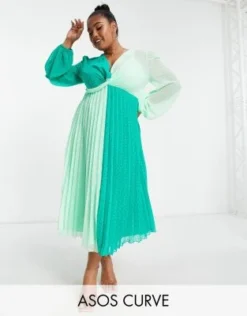 ASOS DESIGN Curve - Vestito Midi Plumetis Verde Colorblock A Pieghe Sul Davanti Con Incrocio