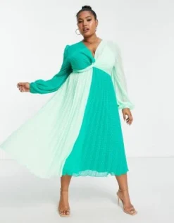 ASOS DESIGN Curve - Vestito Midi Plumetis Verde Colorblock A Pieghe Sul Davanti Con Incrocio -Vendite ASOS Maternity || RIVER ISLAND || Monki 202822902 3