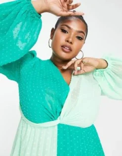 ASOS DESIGN Curve - Vestito Midi Plumetis Verde Colorblock A Pieghe Sul Davanti Con Incrocio -Vendite ASOS Maternity || RIVER ISLAND || Monki 202822902 4