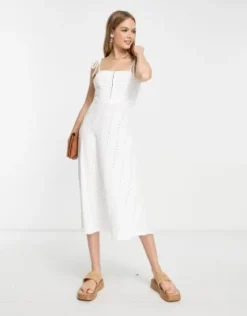 ASOS DESIGN - Vestito Da Giorno Midi In Pizzo Bianco Con Spalline Sottili E Gancetti