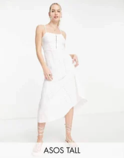 ASOS DESIGN Tall - Vestito Da Giorno Midi In Pizzo Bianco Con Spalline Sottili E Gancetti