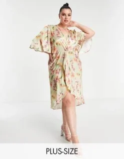 Hope & Ivy Plus - Vestito Midi Salvia A Fiori Con Nodo Sul Davanti