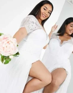 ASOS EDITION Curve - Sophia - Vestito Da Sposa In Pizzo Con Scollo Profondo E Gonna A Pieghe Color Avorio -Vendite ASOS Maternity || RIVER ISLAND || Monki 202854318 4