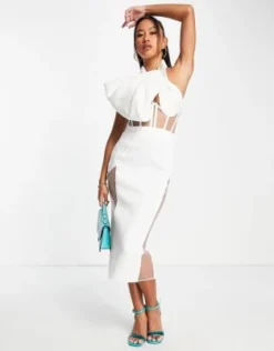 ASOS DESIGN - Vestito Longuette Midi Bianco Con Corsetto Allacciato Al Collo E Inserti In Rete