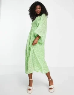 Miss Selfridge - Vestito Con Gonna Al Polpaccio In Chiffon Metallizzato Verde A Fiorellini Arricciato Con Maniche Voluminose