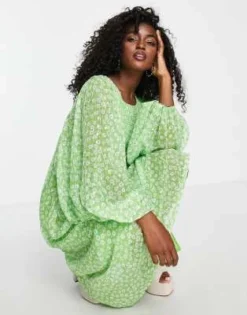 Miss Selfridge - Vestito Con Gonna Al Polpaccio In Chiffon Metallizzato Verde A Fiorellini Arricciato Con Maniche Voluminose -Vendite ASOS Maternity || RIVER ISLAND || Monki 202870799 4