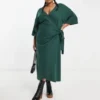 ASOS DESIGN Curve - Vestito Maglia Midi Super Morbido A Portafoglio Verde Bosco Con Cintura