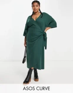 ASOS DESIGN Curve - Vestito Maglia Midi Super Morbido A Portafoglio Verde Bosco Con Cintura