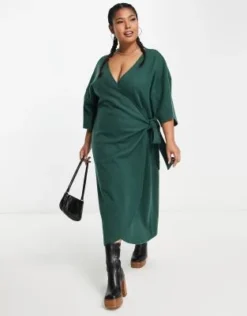 ASOS DESIGN Curve - Vestito Maglia Midi Super Morbido A Portafoglio Verde Bosco Con Cintura -Vendite ASOS Maternity || RIVER ISLAND || Monki 202878794 4