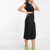 ASOS DESIGN - Vestito Midi Con Spacco, Cut-out E Colletto Nero