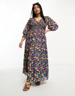 ASOS DESIGN Curve - Vestito Grembiule Midi Con Polsini Arricciati Nero A Fiori Multicolore