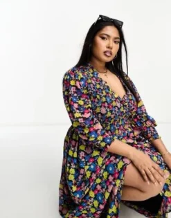 ASOS DESIGN Curve - Vestito Grembiule Midi Con Polsini Arricciati Nero A Fiori Multicolore -Vendite ASOS Maternity || RIVER ISLAND || Monki 202898685 4