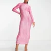 ASOS DESIGN - Vestito Midi Plissé A Maniche Lunghe Rosa
