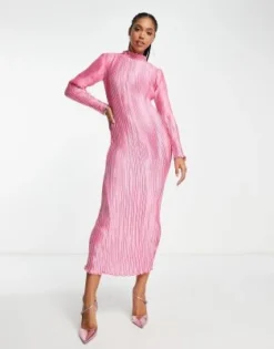 ASOS DESIGN - Vestito Midi Plissé A Maniche Lunghe Rosa