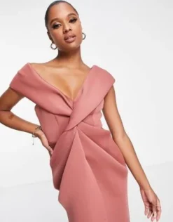 ASOS DESIGN Petite - Vestito Midi A Spalle Scoperte Rosa Con Incrocio Sul Davanti -Vendite ASOS Maternity || RIVER ISLAND || Monki 202913192 3