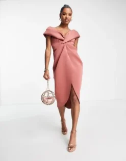 ASOS DESIGN Petite - Vestito Midi A Spalle Scoperte Rosa Con Incrocio Sul Davanti -Vendite ASOS Maternity || RIVER ISLAND || Monki 202913192 4