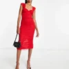 ASOS DESIGN Tall - Vestito Midi Rosso Con Corsetto In Rete Con Perline