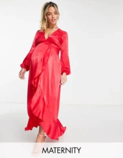 Flounce London Maternity - Vestito Lungo Avvolgente A Maniche Lunghe In Raso Rosso