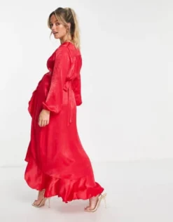 Flounce London Maternity - Vestito Lungo Avvolgente A Maniche Lunghe In Raso Rosso -Vendite ASOS Maternity || RIVER ISLAND || Monki 202925524 3