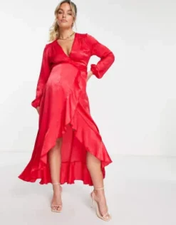 Flounce London Maternity - Vestito Lungo Avvolgente A Maniche Lunghe In Raso Rosso -Vendite ASOS Maternity || RIVER ISLAND || Monki 202925524 4