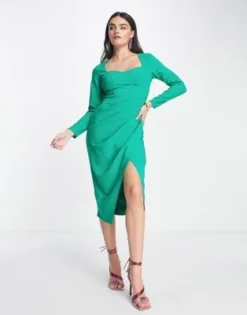 ASOS DESIGN - Vestito Midi Con Scollo A Cuore E Gonna A Portafoglio Con Arricciature Verde Smeraldo