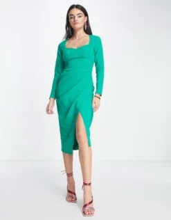 ASOS DESIGN - Vestito Midi Con Scollo A Cuore E Gonna A Portafoglio Con Arricciature Verde Smeraldo -Vendite ASOS Maternity || RIVER ISLAND || Monki 202925900 4
