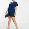 Closet London Plus - Vestito Corto Stile Kimono Blu Navy A Portafoglio Con Cintura