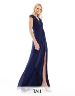 TFNC Tall - Vestito Lungo Da Damigella Blu Navy Con Maniche Con Volant