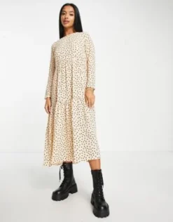 ASOS DESIGN Petite - Vestito Grembiule Midi A Balze A Maniche Lunghe Beige A Pois -Vendite ASOS Maternity || RIVER ISLAND || Monki 202958560 4