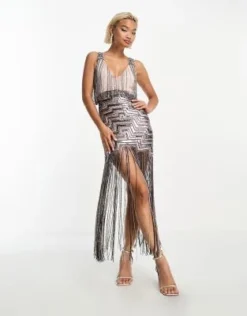 ASOS DESIGN - Vestito Midi A Canottiera Decorato Con Frange In Perline Color Talpa -Vendite ASOS Maternity || RIVER ISLAND || Monki 202998906 4