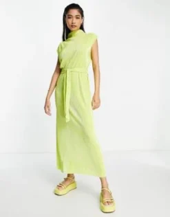 River Island - Vestito Midi Plissé Con Taglio A Colonna Allacciato In Vita, Colore Lime