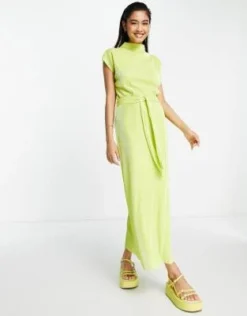 River Island - Vestito Midi Plissé Con Taglio A Colonna Allacciato In Vita, Colore Lime -Vendite ASOS Maternity || RIVER ISLAND || Monki 203006389 4
