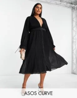 ASOS DESIGN Curve - Vestito Midi Nero A Pieghe Con Maniche A Campana E Cintura