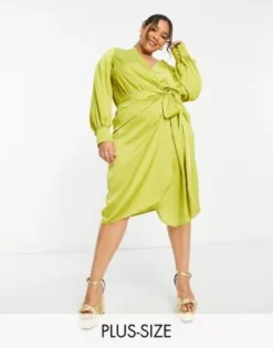 Never Fully Dressed Plus - Vestito Midi Avvolgente In Raso Verde Oliva