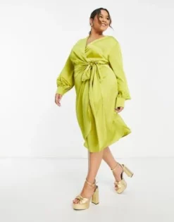 Never Fully Dressed Plus - Vestito Midi Avvolgente In Raso Verde Oliva -Vendite ASOS Maternity || RIVER ISLAND || Monki 203016087 4