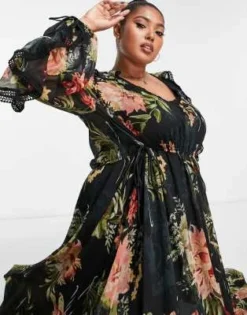 ASOS DESIGN Curve - Vestito Lungo Drappeggiato Nero A Fiori Con Volant, Inserti In Pizzo E Frange -Vendite ASOS Maternity || RIVER ISLAND || Monki 203018598 3