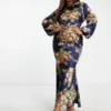 ASOS DESIGN Curve - Vestito Lungo Accollato Blu Navy A Fiori Con Polsini Ampi
