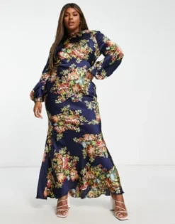 ASOS DESIGN Curve - Vestito Lungo Accollato Blu Navy A Fiori Con Polsini Ampi -Vendite ASOS Maternity || RIVER ISLAND || Monki 203018674 4