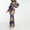 ASOS Maternity ASOS DESIGN Maternity - Vestito Lungo Accollato Blu Navy A Fiori Con Polsini Ampi