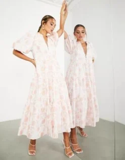 ASOS EDITION - Vestito Grembiule Midi A Balze In Jacquard A Fiori Rosa -Vendite ASOS Maternity || RIVER ISLAND || Monki 203019370 4