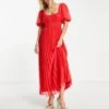 ASOS DESIGN Tall - Vestito Midi A Pieghe In Plumetis Rosso Con Maniche A Sbuffo E Bordi Smerlati