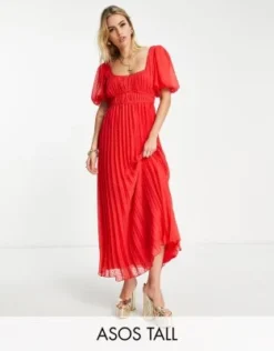 ASOS DESIGN Tall - Vestito Midi A Pieghe In Plumetis Rosso Con Maniche A Sbuffo E Bordi Smerlati