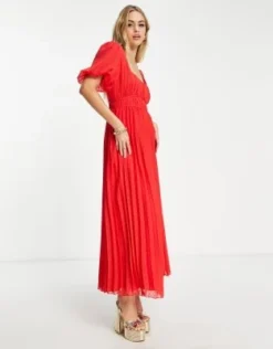 ASOS DESIGN Tall - Vestito Midi A Pieghe In Plumetis Rosso Con Maniche A Sbuffo E Bordi Smerlati -Vendite ASOS Maternity || RIVER ISLAND || Monki 203025738 4