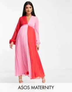 ASOS Maternity ASOS DESIGN Maternity - Vestito Midi In Plumetis A Pieghe Con Incrocio Sul Davanti Rosso E Rosa Color Block