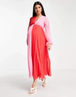 ASOS Maternity ASOS DESIGN Maternity - Vestito Midi In Plumetis A Pieghe Con Incrocio Sul Davanti Rosso E Rosa Color Block -Vendite ASOS Maternity || RIVER ISLAND || Monki 203026259 4