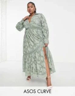 ASOS DESIGN Curve - Vestito Camicia Midi Kaki Con Bottoni E Inserti In Pizzo Dévoré