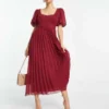 ASOS DESIGN Petite - Vestito Midi A Pieghe Bordeaux Plumetis Con Maniche A Sbuffo E Finiture Smerlate