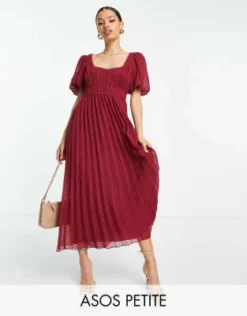 ASOS DESIGN Petite - Vestito Midi A Pieghe Bordeaux Plumetis Con Maniche A Sbuffo E Finiture Smerlate