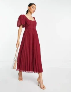 ASOS DESIGN Petite - Vestito Midi A Pieghe Bordeaux Plumetis Con Maniche A Sbuffo E Finiture Smerlate -Vendite ASOS Maternity || RIVER ISLAND || Monki 203026427 4