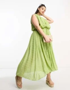 ASOS DESIGN Curve - Vestito Midi Testurizzato Raccolto Asimmetrico Color Verde Pistacchio